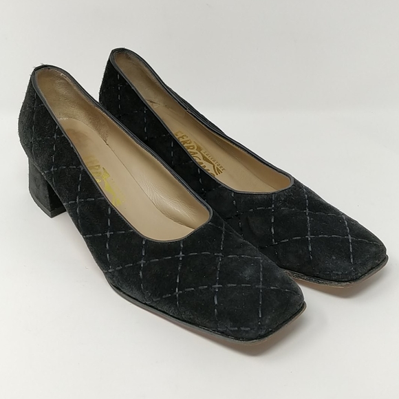 Salvador Ferragamo Black Quilted Suede Shoe 9½ 2A - Picture 1 of 8